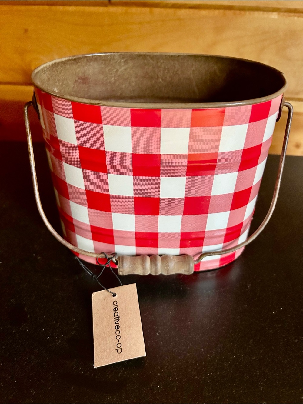 Vintage Style Red / White Checkered Tin Pail with a Wood Handle